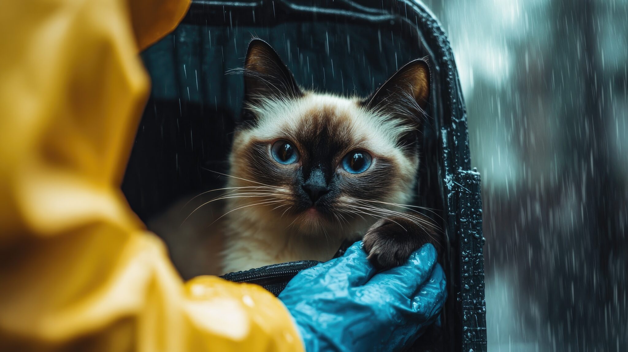 cat being carried in the rain