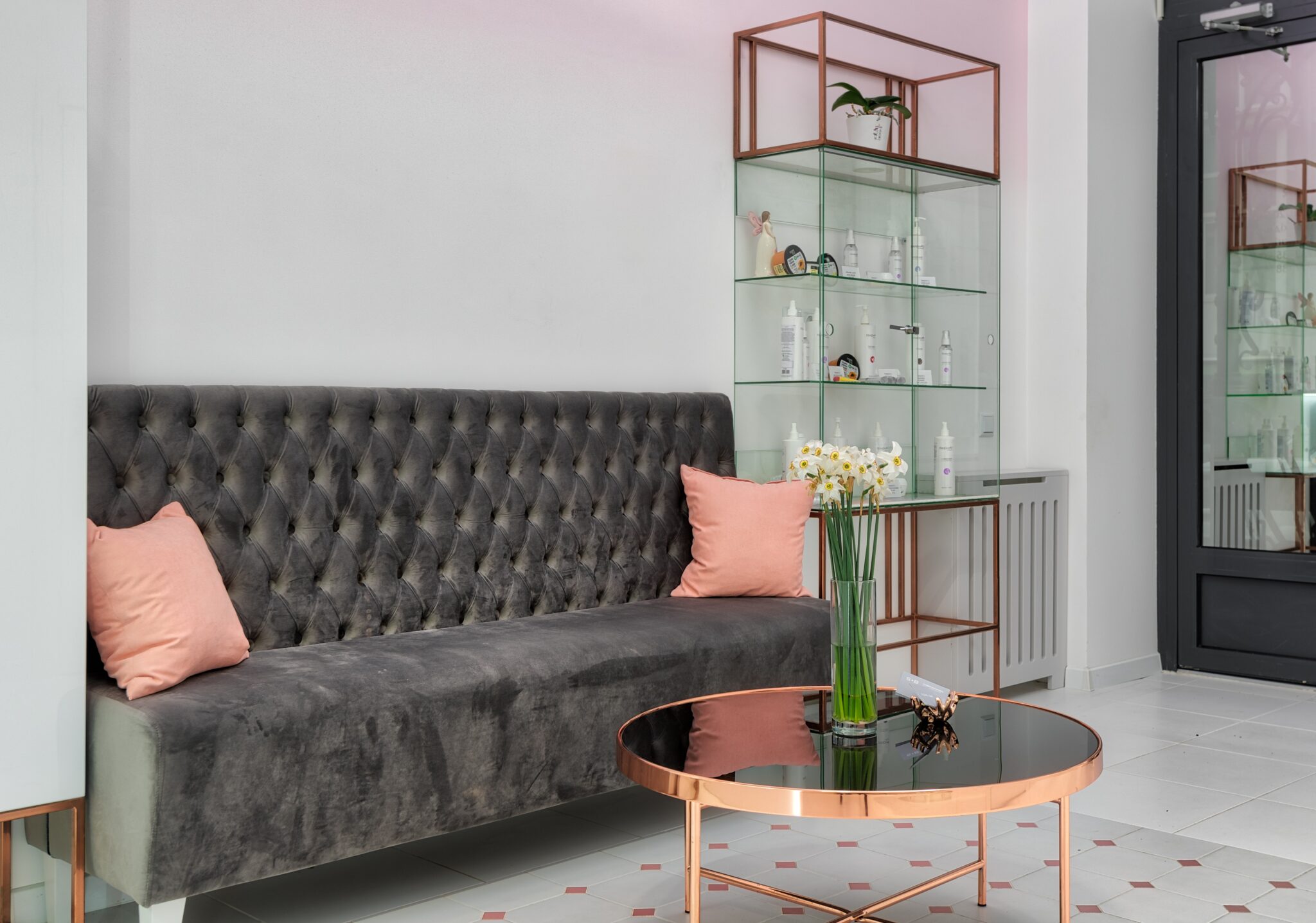 Leather couch with glass shelves
