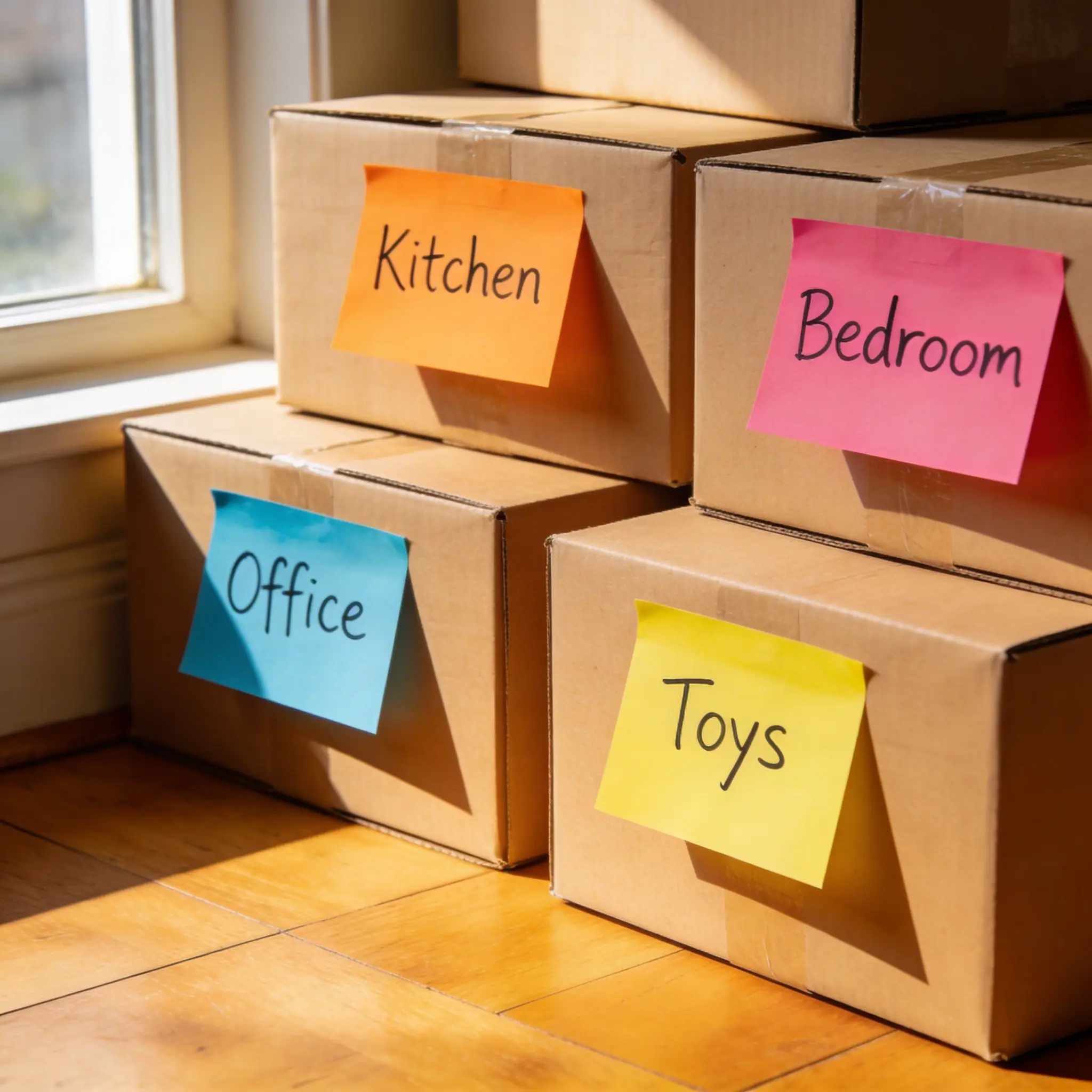 Labeled moving boxes.