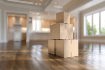 A neat stack of moving boxes placed on a hardwood floor in a new apartment