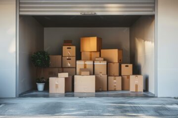 A storage unit packed with various sized cardboard boxes, representing moving