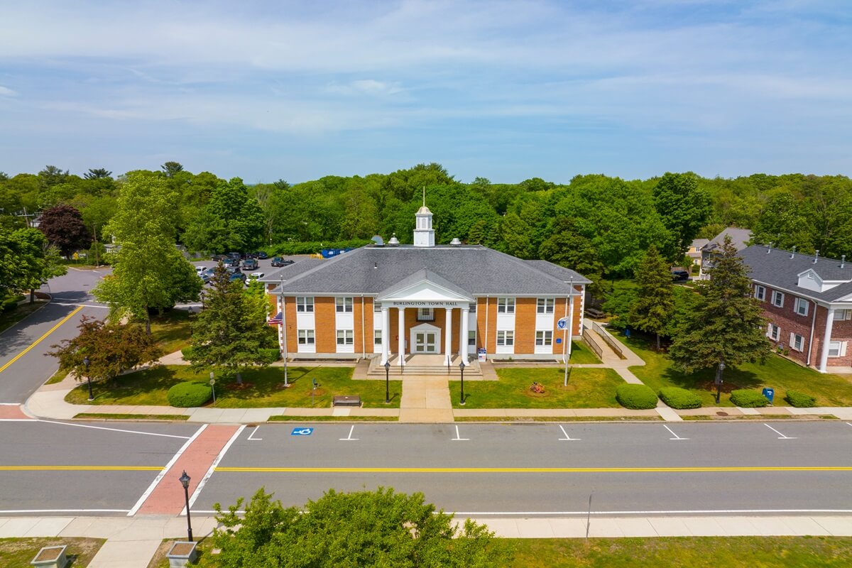 Burlington town hall aerial view in Burlington town center Massachusetts MA USA
