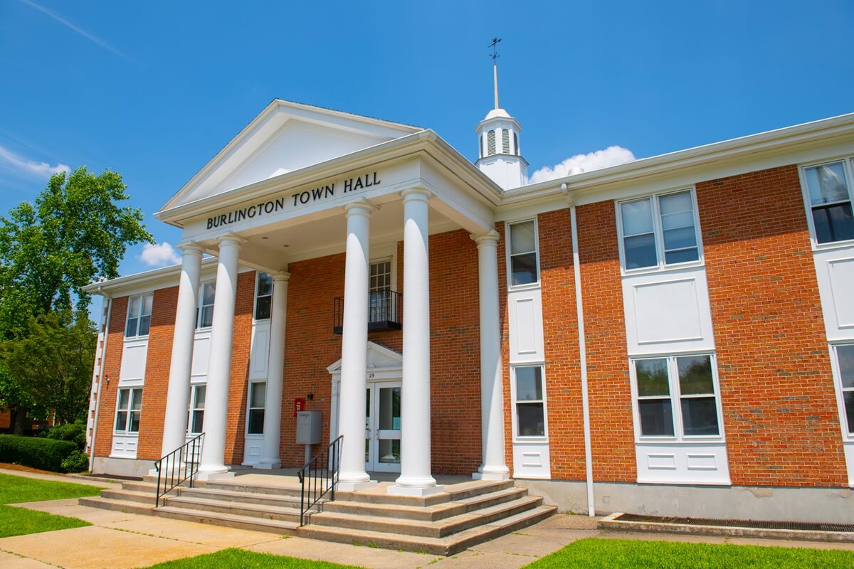 Burlington town hall at town common at 29 center street in historic town center of Burlington Massachusetts MA USA