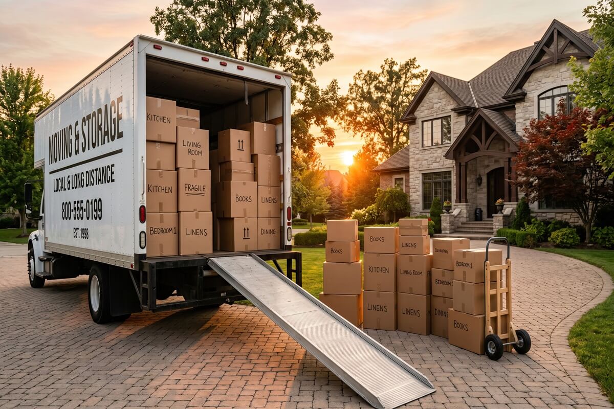 Moving truck unloading boxes into suburban home driveway at sunset