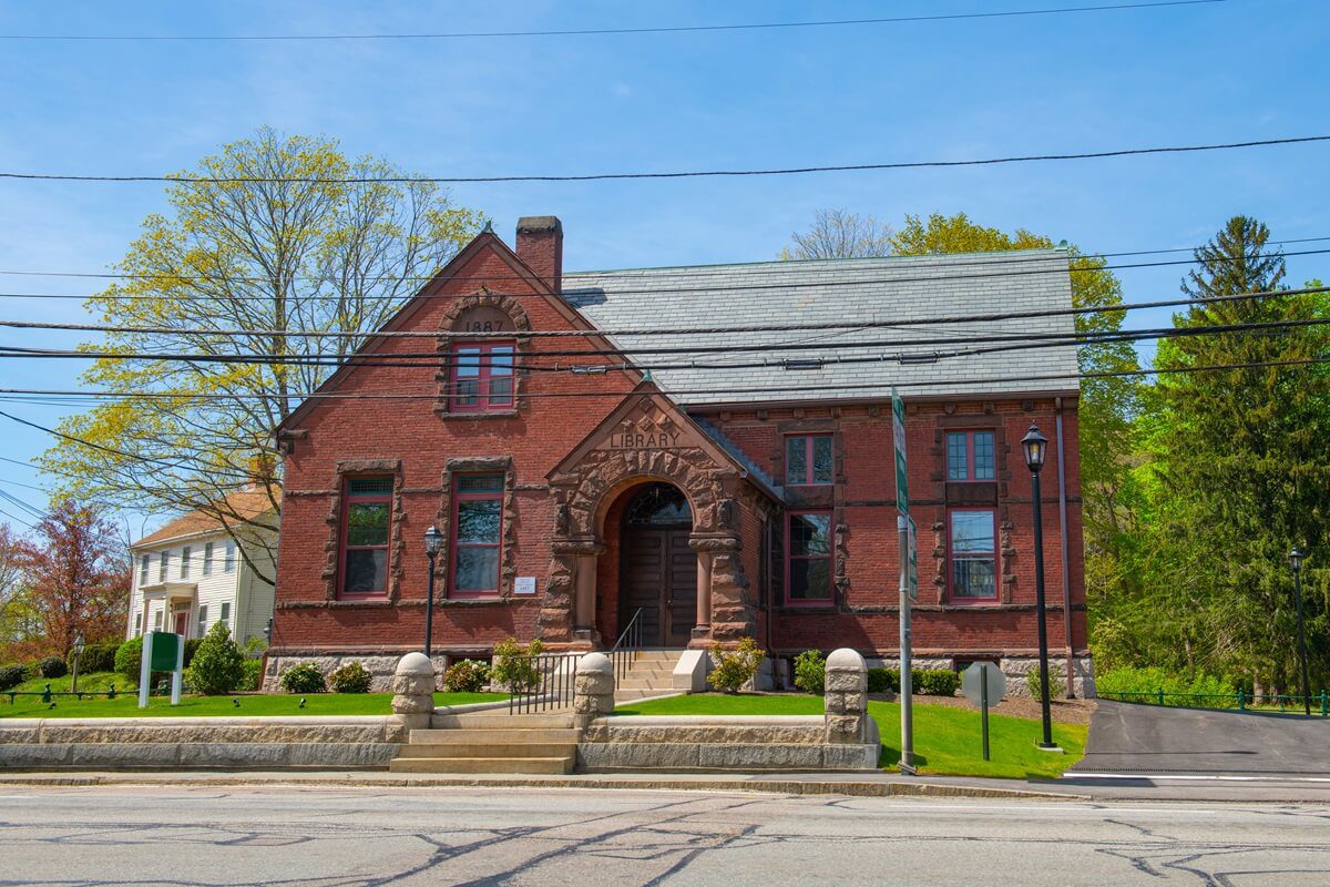 Norton old library building at 4 Mansfield Avenue in historic town center of Massachusetts