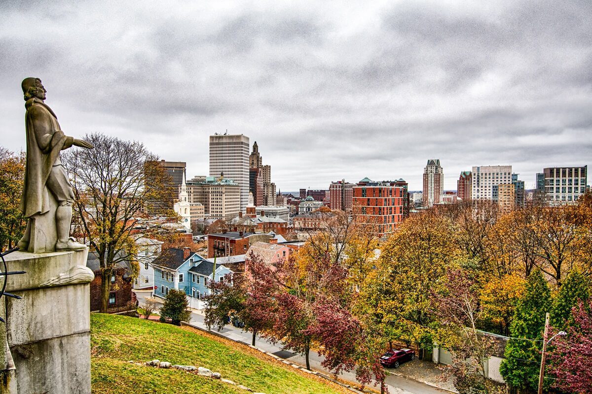 Providence rhode island skyline on a cloudy gloomy day