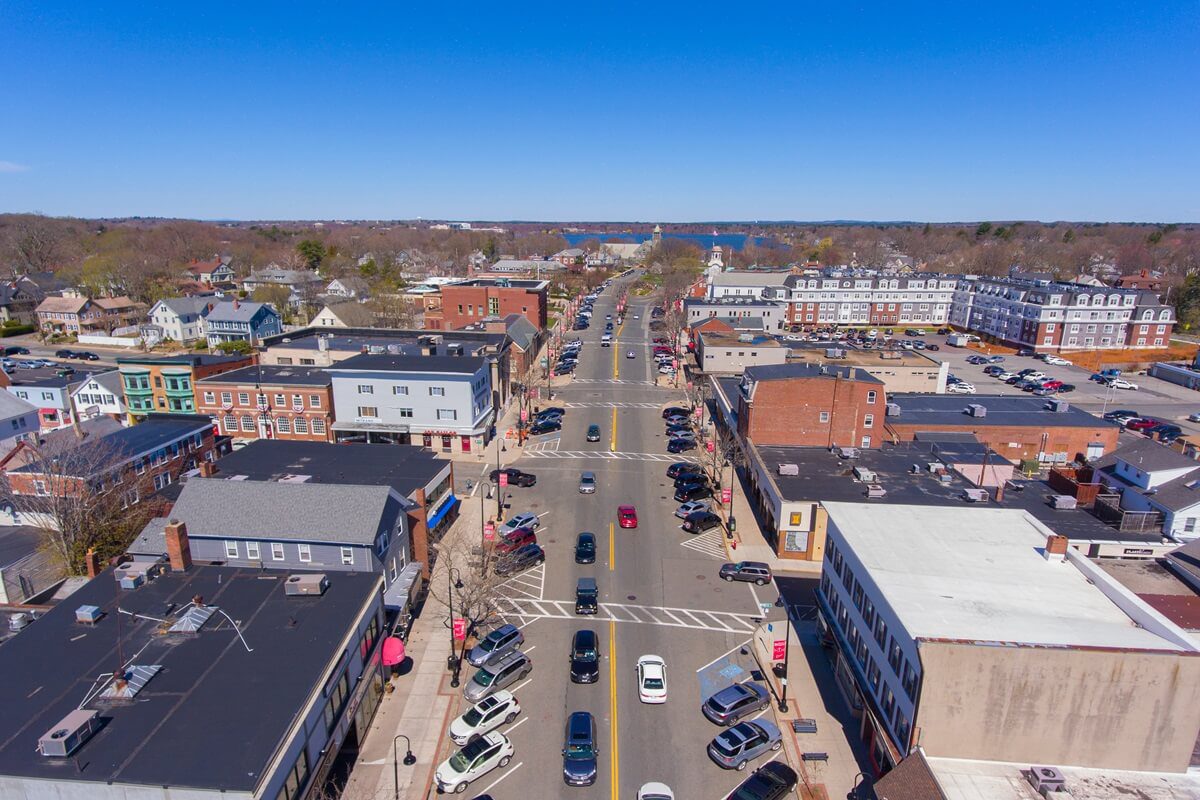 Wakefield historic town center aerial view on main street in Wakefield Massachusetts