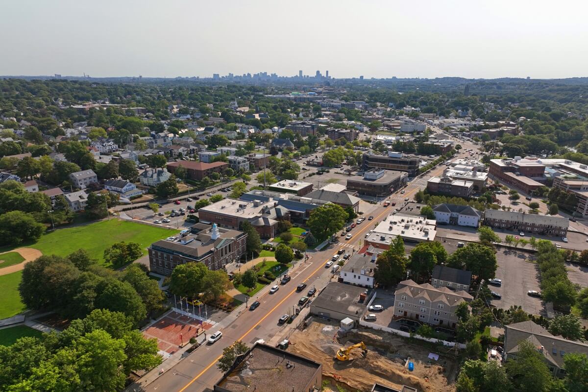 Watertown town hall aerial view at 149 Main Street in historic city center of Watertown Massachusetts