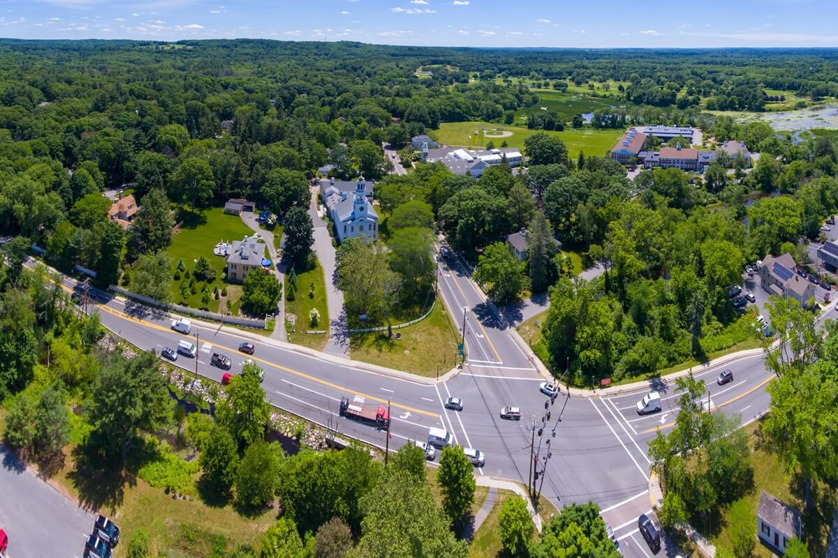Wayland historic town center panoramic aerial view in Wayland Massachusetts