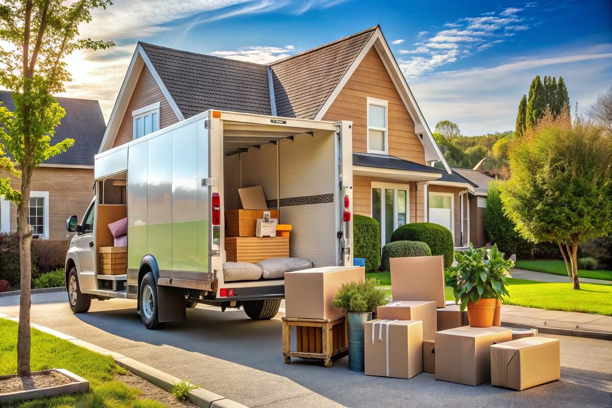 a carefully packed moving truck stands ready in a quiet suburban street