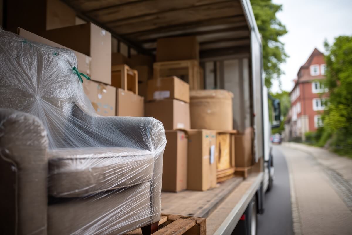 a moving truck loaded with boxes and wrapped furniture is parked on a residential street