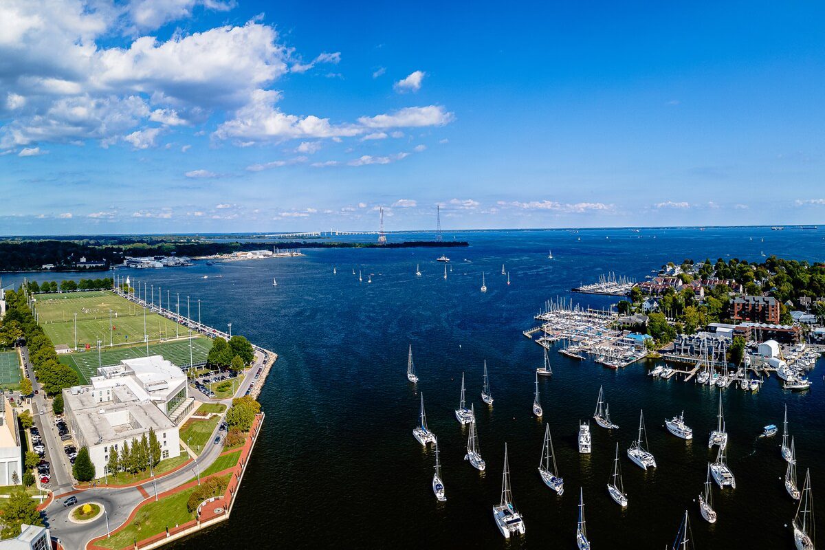 aerial drone of Severn River Maryland with sailboats and yacht