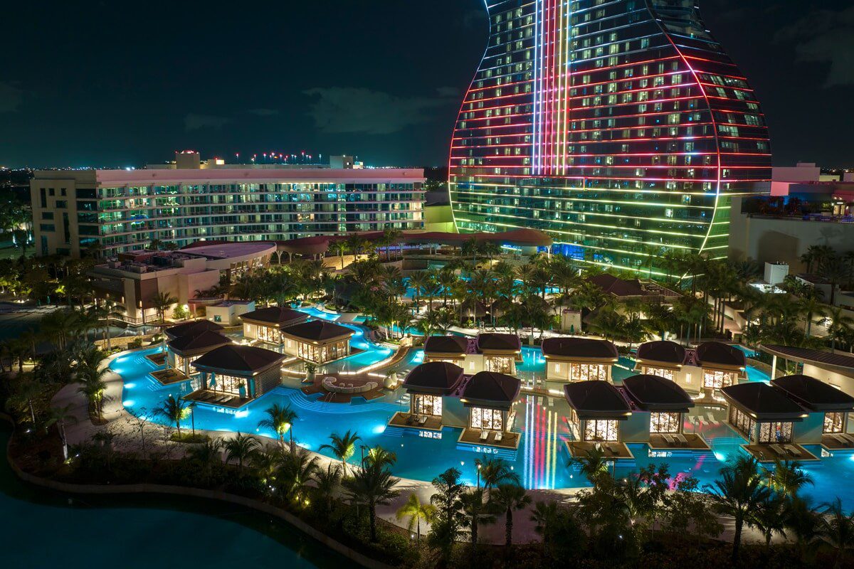 aerial view of guitar shaped Seminole hard rock hotel in Florida