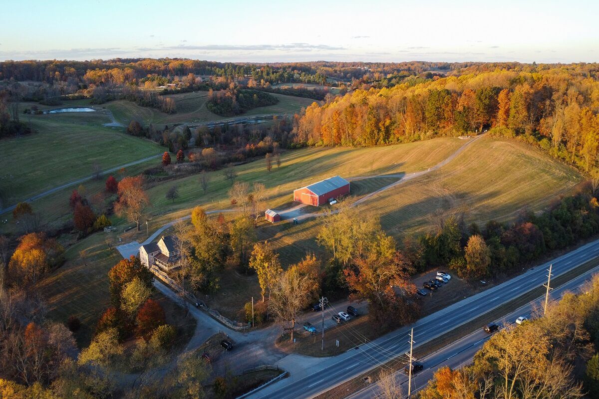 aerial view of okehocking preserve in the suburb of philadelphia at sunset time in late autumn Newtown Square Pennsylvania