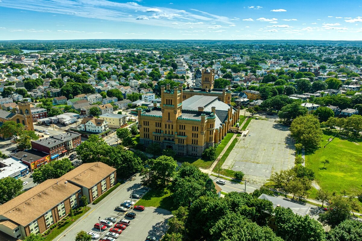 beautiful blue sky aerial photo of the historic Cranston street armory in providence RI