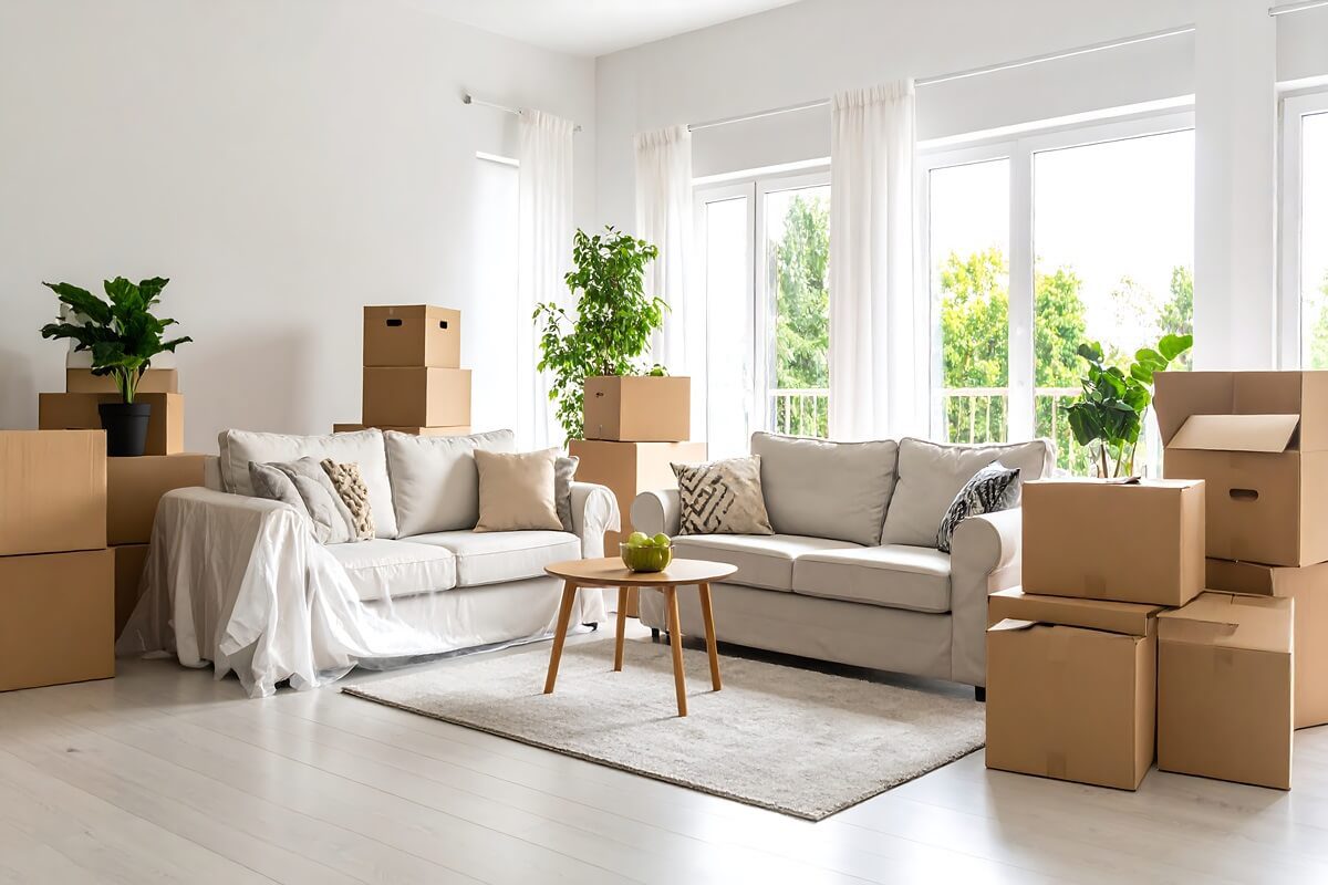 bright living room filled with packed cardboard boxes, moving day concept