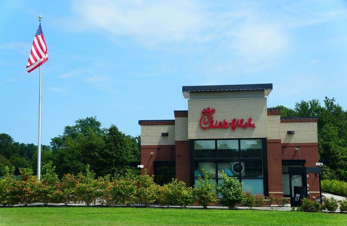 building of Chick-Fil-A with an American flag