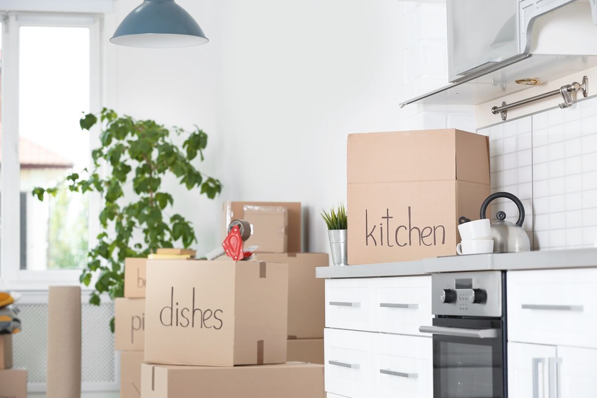 cardboard boxes and household stuff in kitchen