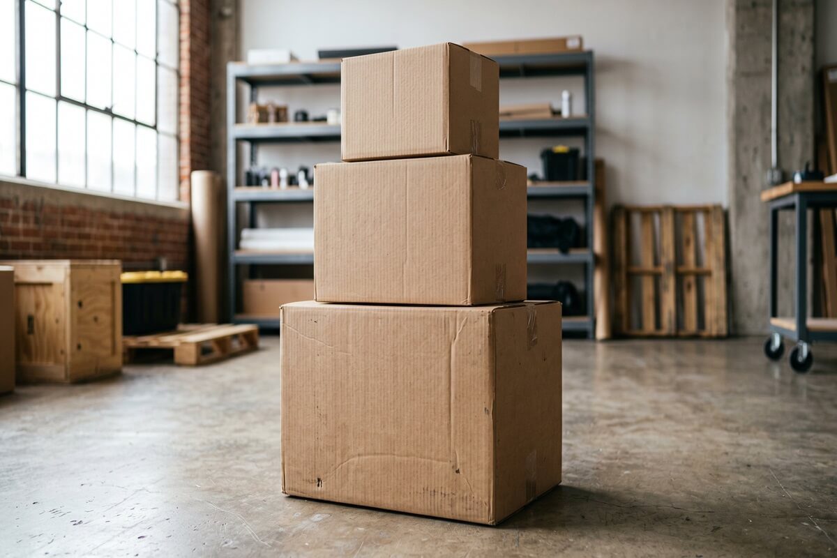 cardboard boxes stacked in a spacious modern warehouse interior