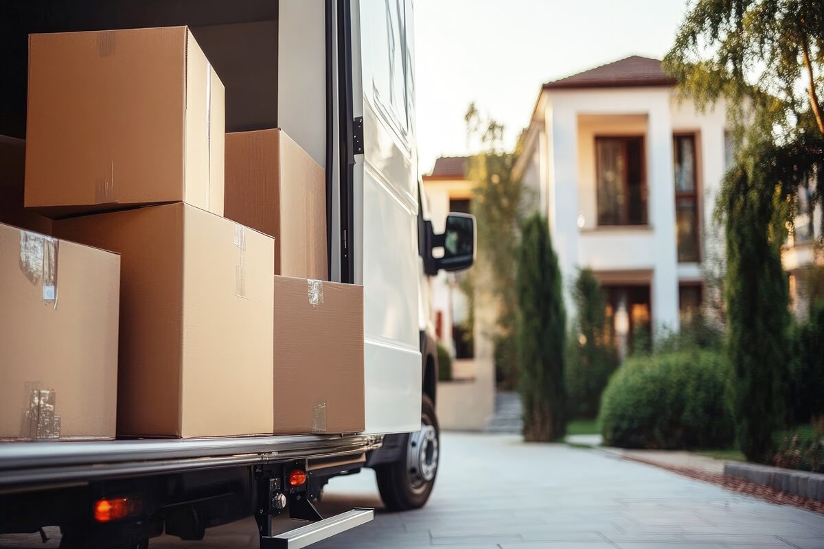 cardboard boxes stacked in delivery van outside modern suburban house