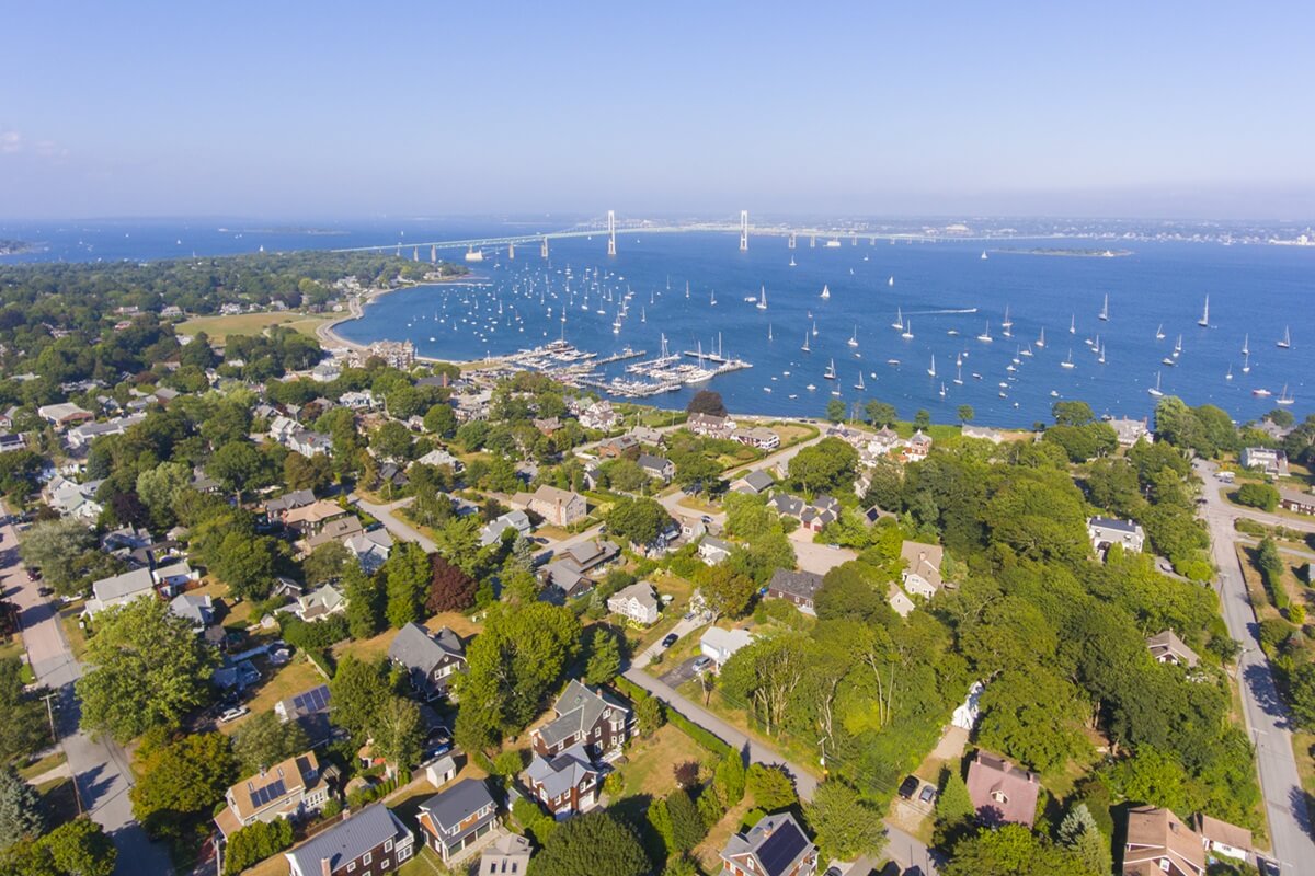 claiborne Pell Newport Bridge on Narragansett Bay and town of Jamestown aerial view in summer, Jamestown on Conanicut Island, Rhode Island RI