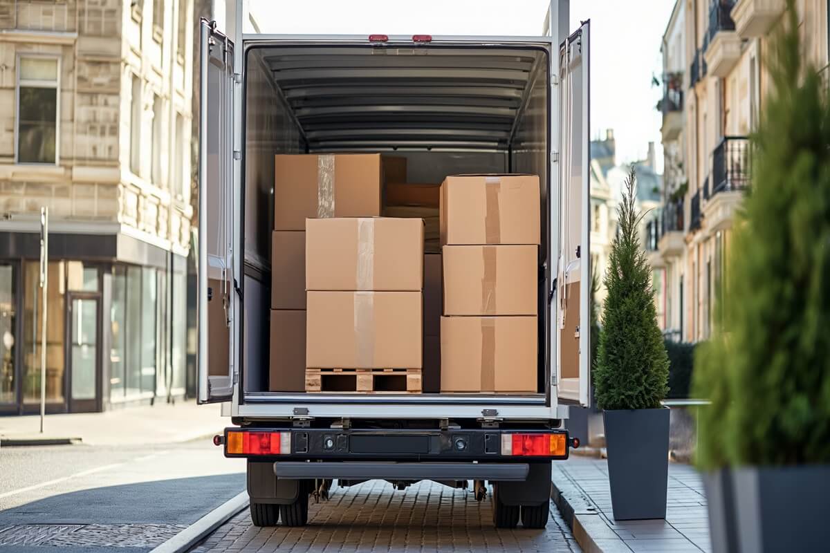 delivery truck loaded with cardboard boxes