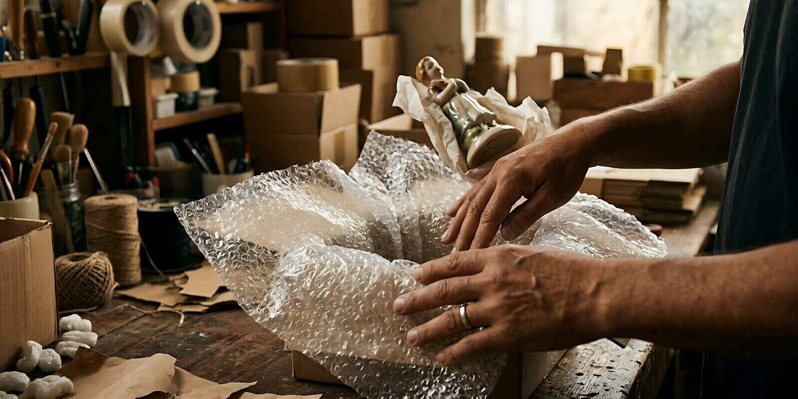 hands carefully packing a fragile ceramic figure in bubble wrap inside a shipping box