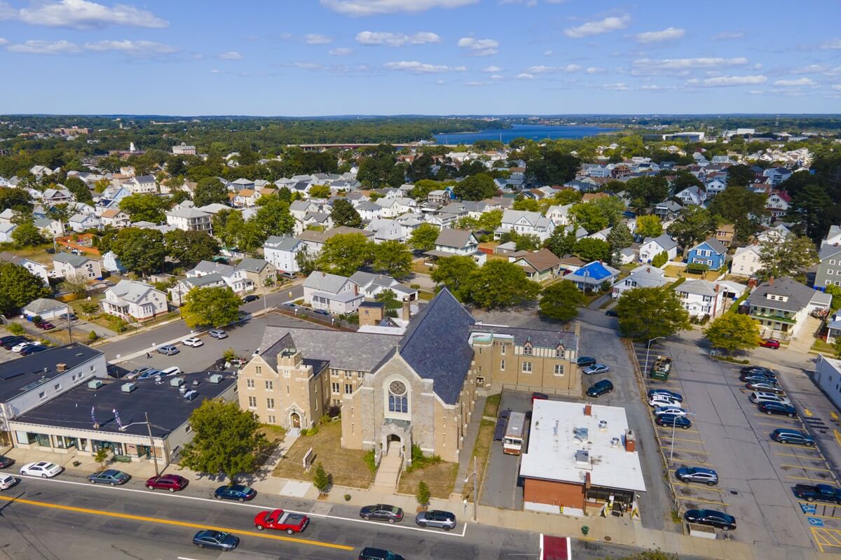 haven united methodist church aerial view at 200 taunton avenue in downtown East Providence Rhode Island