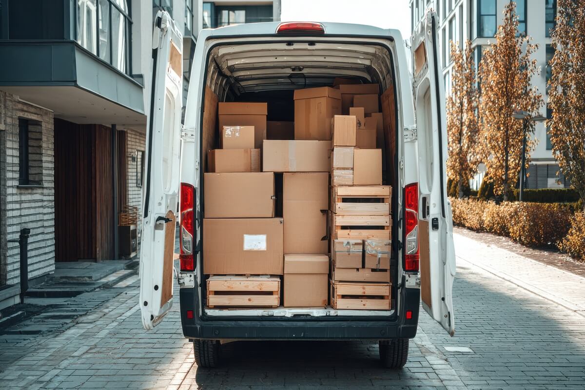 high-quality stock image of white van full of moving boxes parked in front of house