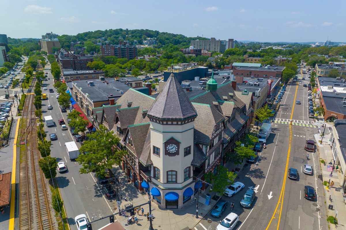 historic commercial building aerial view including ss pierce building at coolidge corner 1366 beacon street at harvard street in city of Brookline Massachusetts