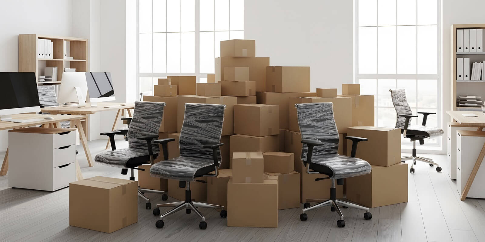 large pile of brown cardboard moving boxes stacked in the middle of a spacious