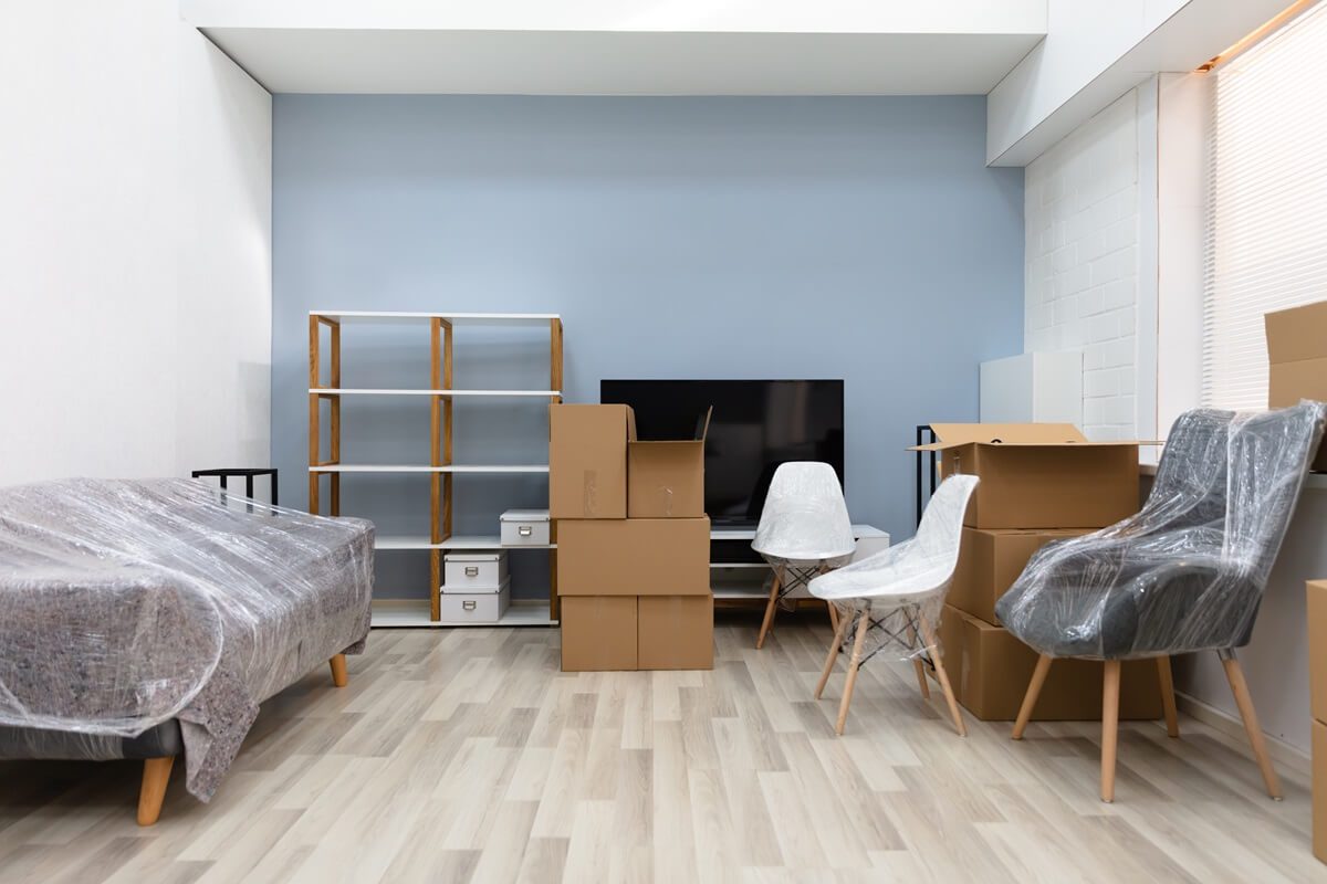 living room interior with moving boxes