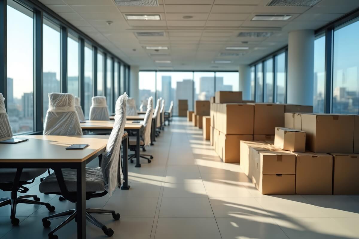 modern office prepared for moving with packed furniture