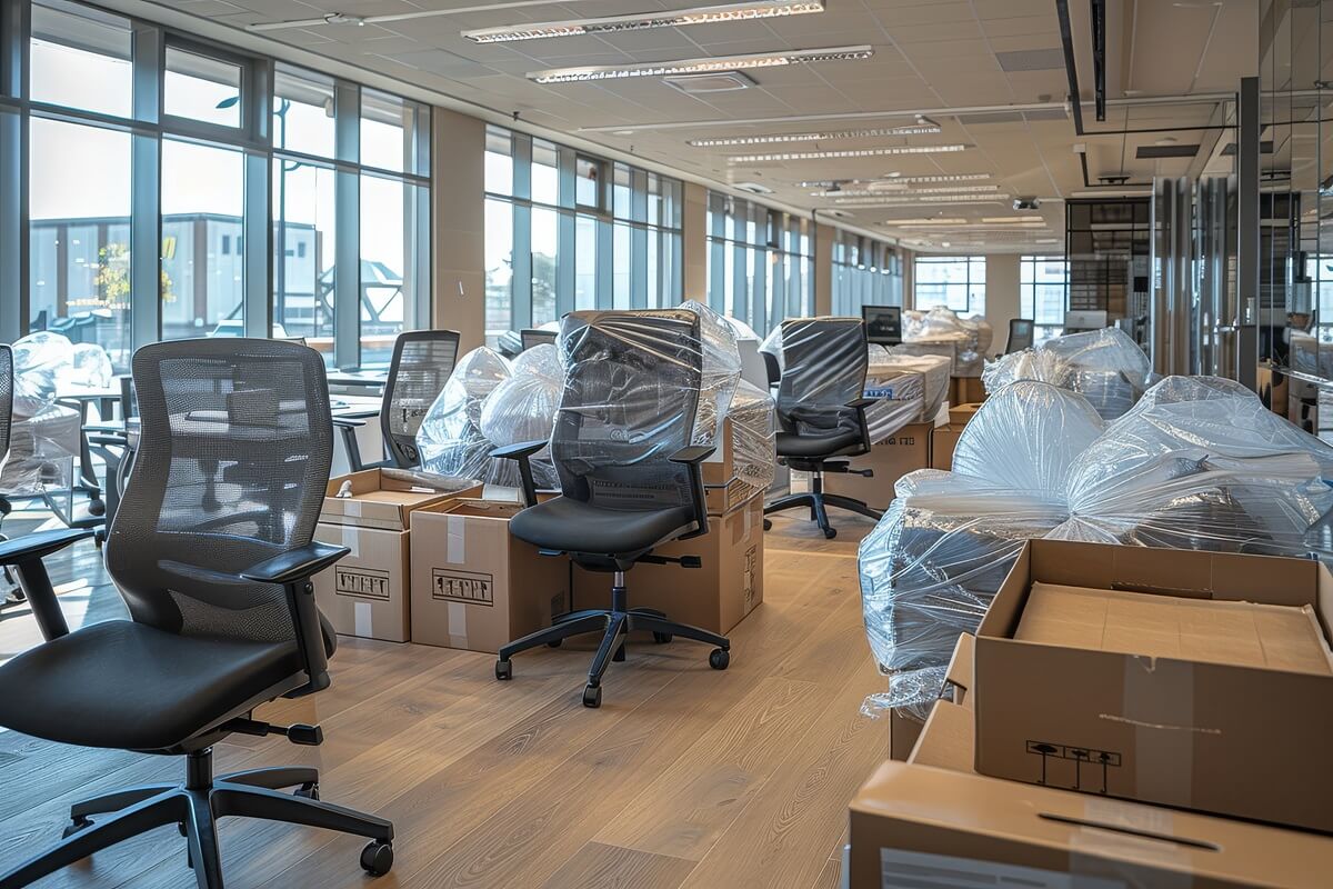modern office room prepared for relocation, featuring plastic-wrapped chairs and packed furniture tables