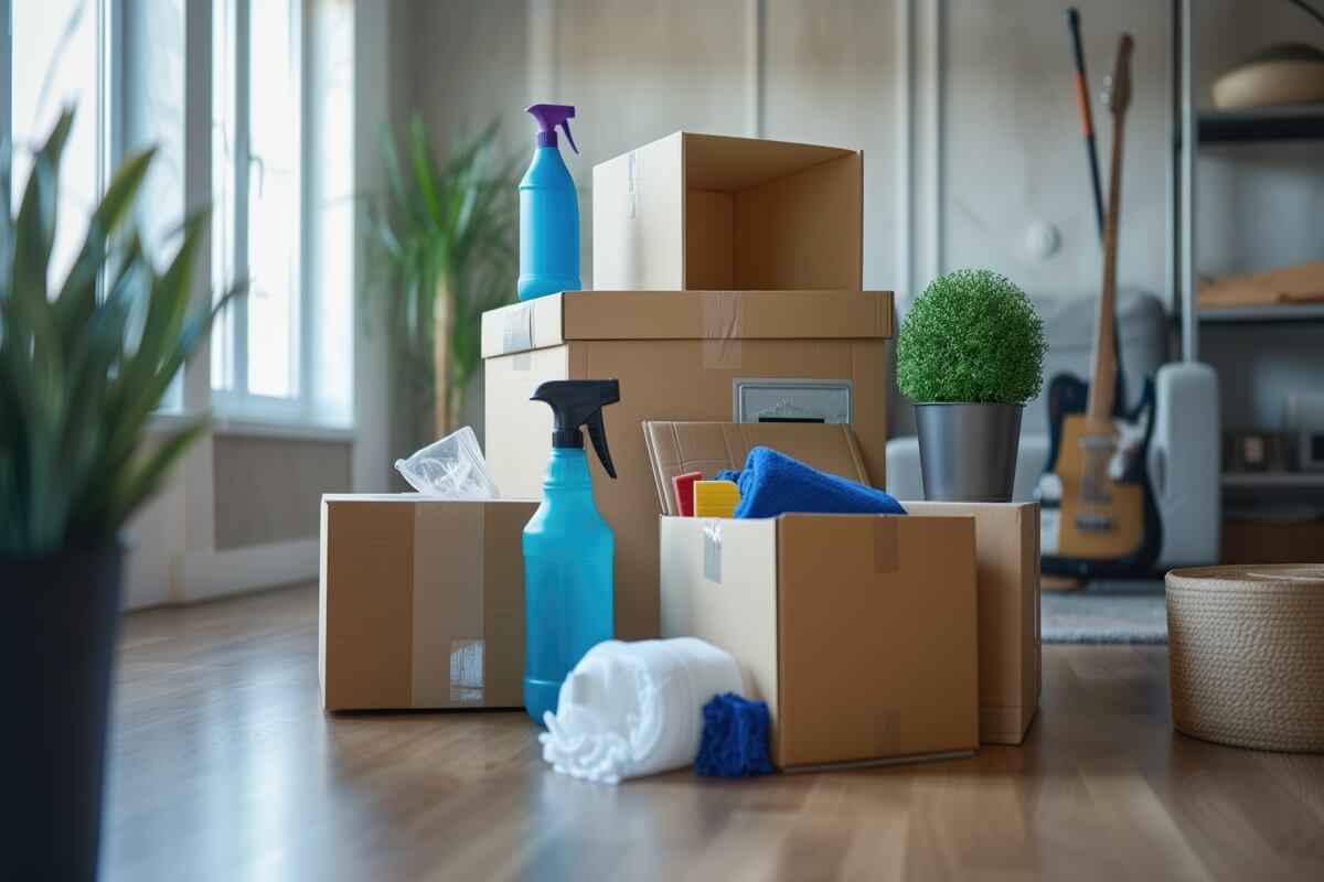 move concept lightroom with cardboard boxes and cleaning accessories ready for relocation and moving to new home