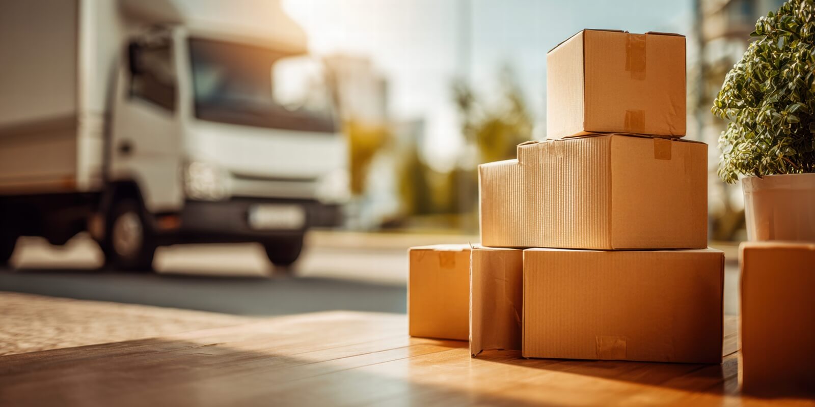 moving day with cardboard boxes and a moving truck