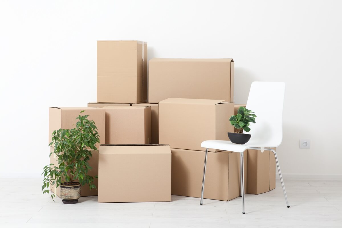 moving into a new apartment move lots of cardboard boxes in an empty new apartment