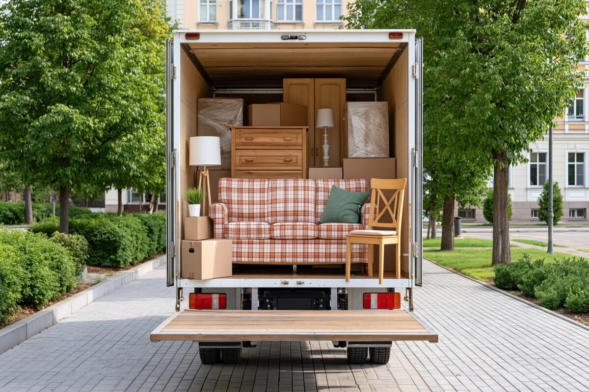 moving truck loaded with furniture and boxes, ready for transport and relocation