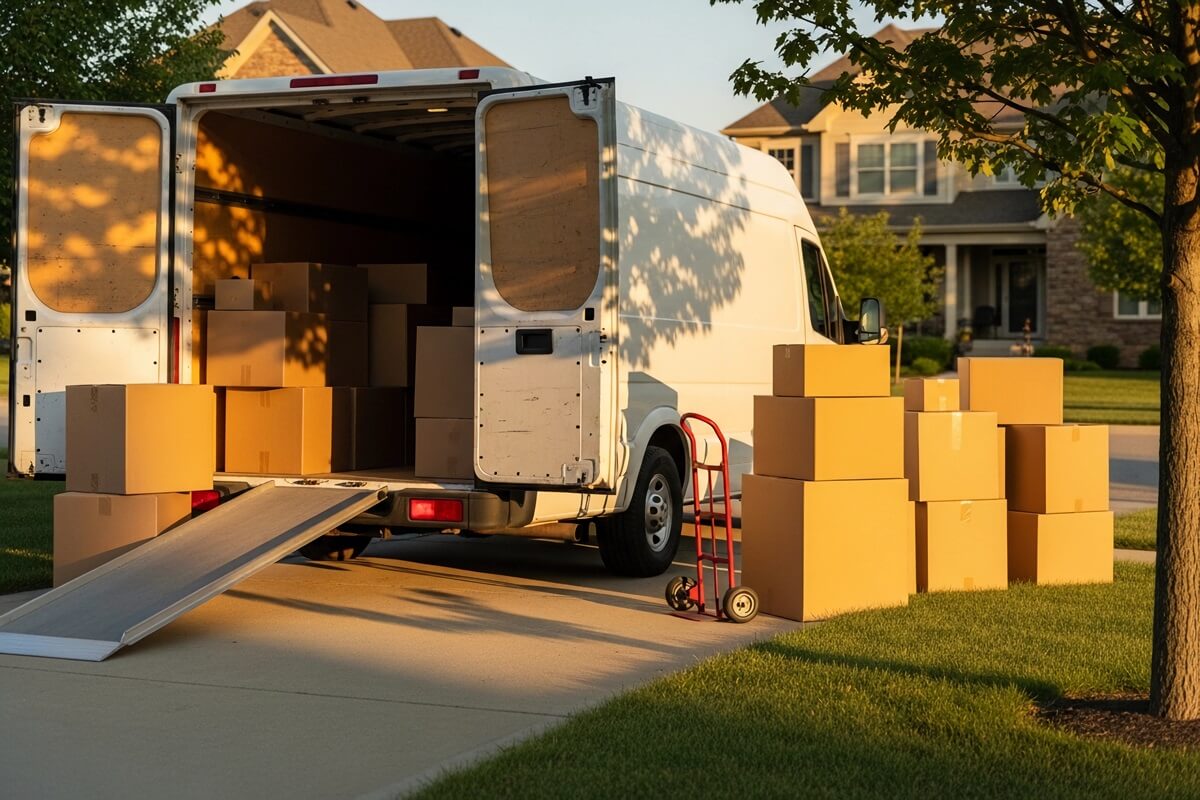 moving van packed with boxes in front of the house