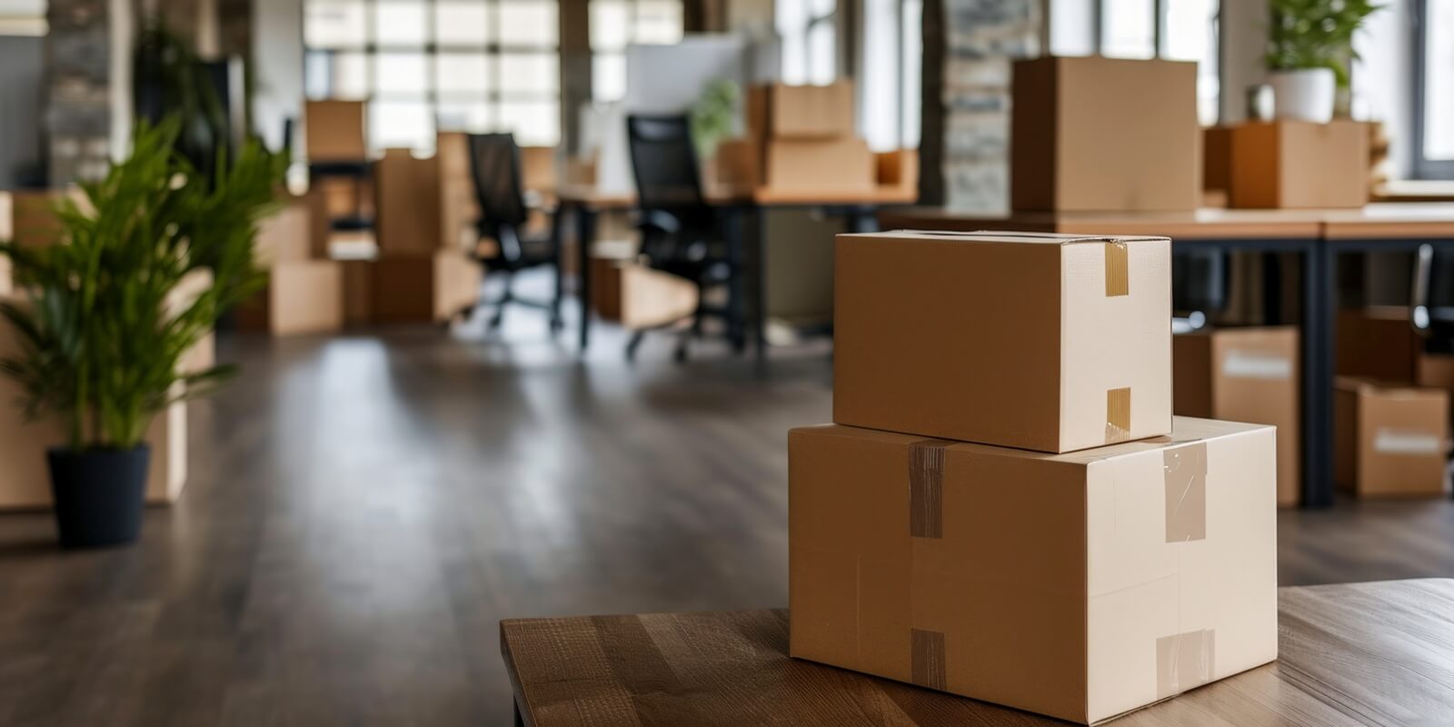 new office with cardboard boxes