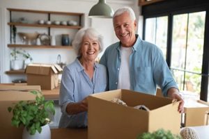 senior couple unpacking moving boxes in sunlit kitchen