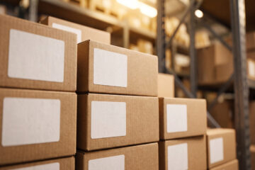 stack of cardboard boxes with blank labels in a warehouse setting