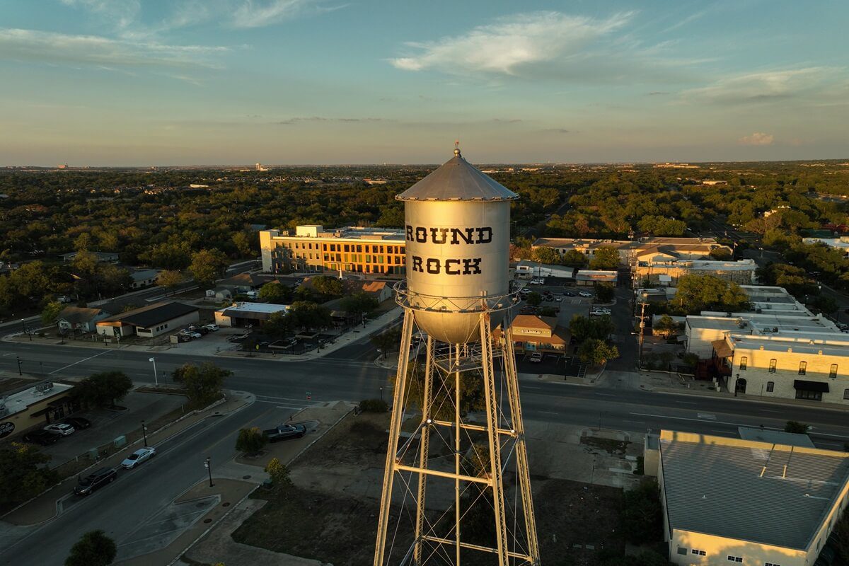 water tower in Round Rock Texas at golden hour